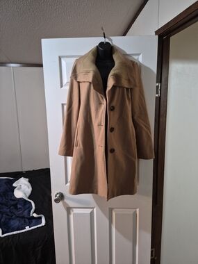 Moda International Camel Pea Coat with Ribbed Shawl Collar